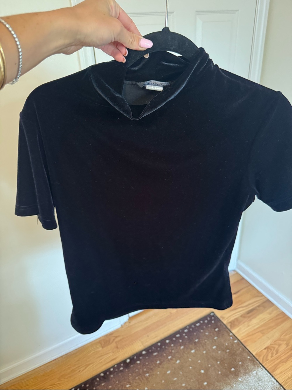 Black Velvet Short-Sleeve Mock Neck Top